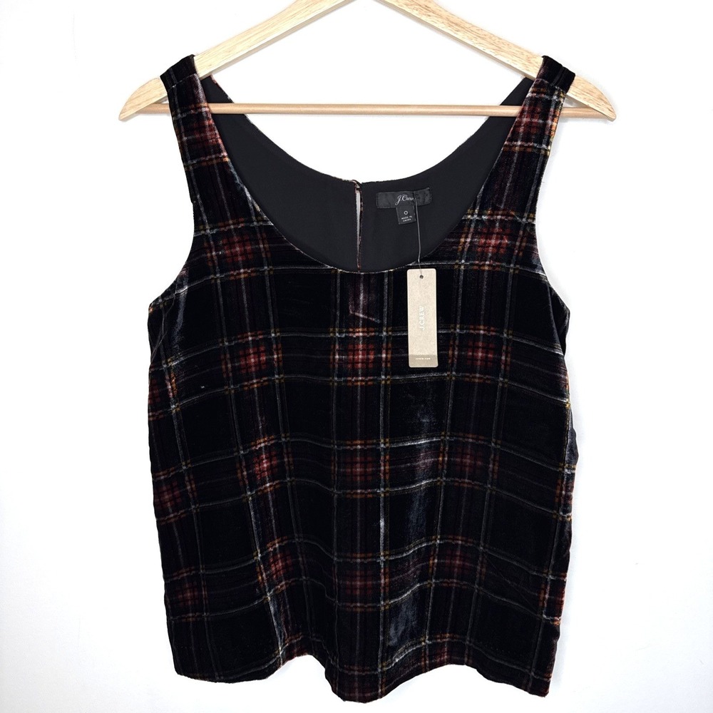 NEW J. Crew Velvet Plaid Tank Top Blouse Women's 0 Black Stewart Tartan Academia